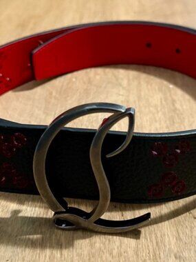 Christian Louboutin CL Logo Belt Black Red Loubinthesky Perforated Leather